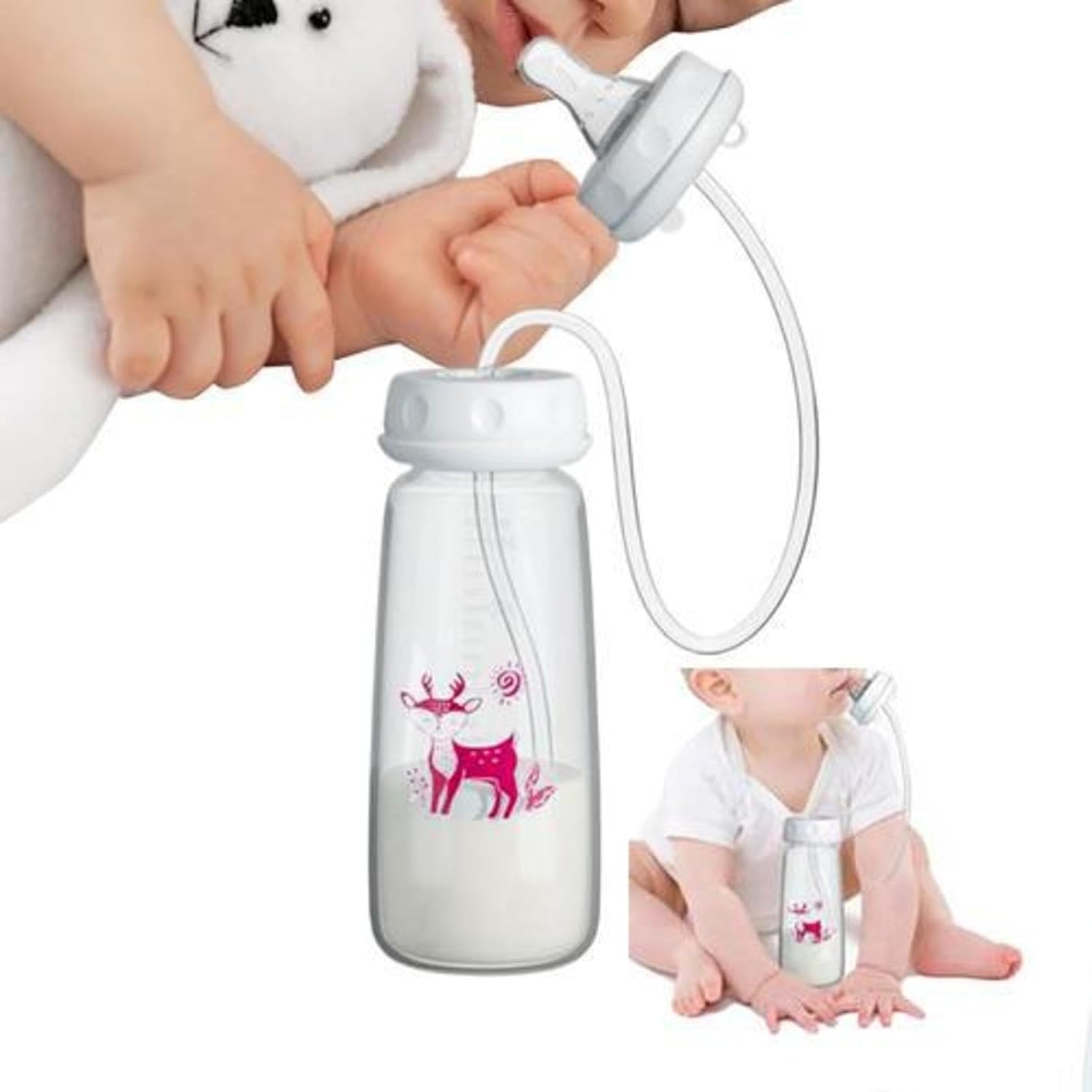 Hand Free Pacifier Bottle, Hand Free Silicone Bottle, Silicone Leakproof Portable with Nipple Straw, Kids Milk Bottles for Boy Girl Parent Home Bedroom Living Room Kitchen Hotel Outdoor