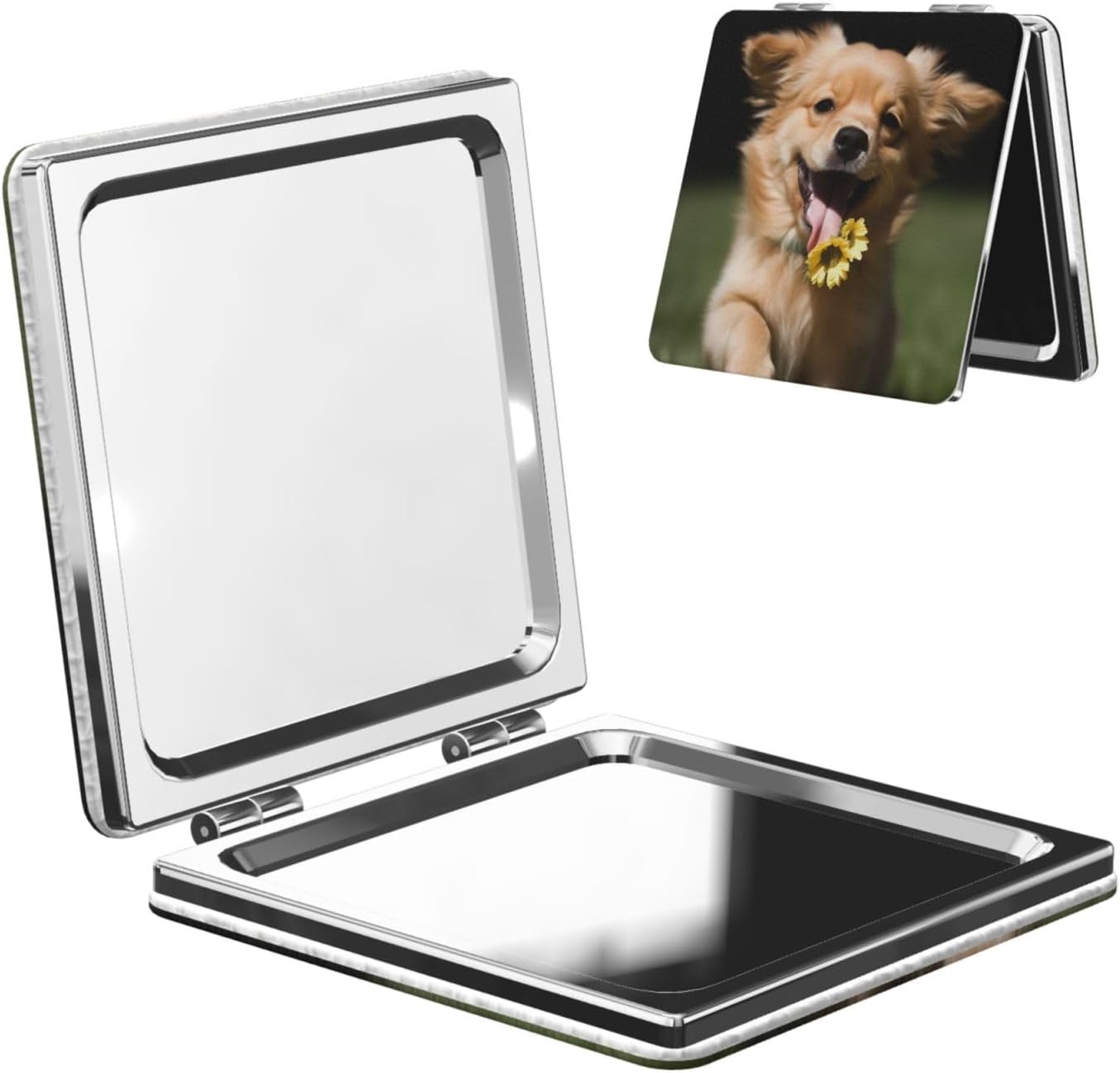 Cute Dog Funny Compact Mirror for Purse, Pu Leather Travel Makeup Mirror with 2X/1X Magnification, Foldable Cosmetic Mirrors, Portable Small Handheld Beauty Mirror for Woman Girls