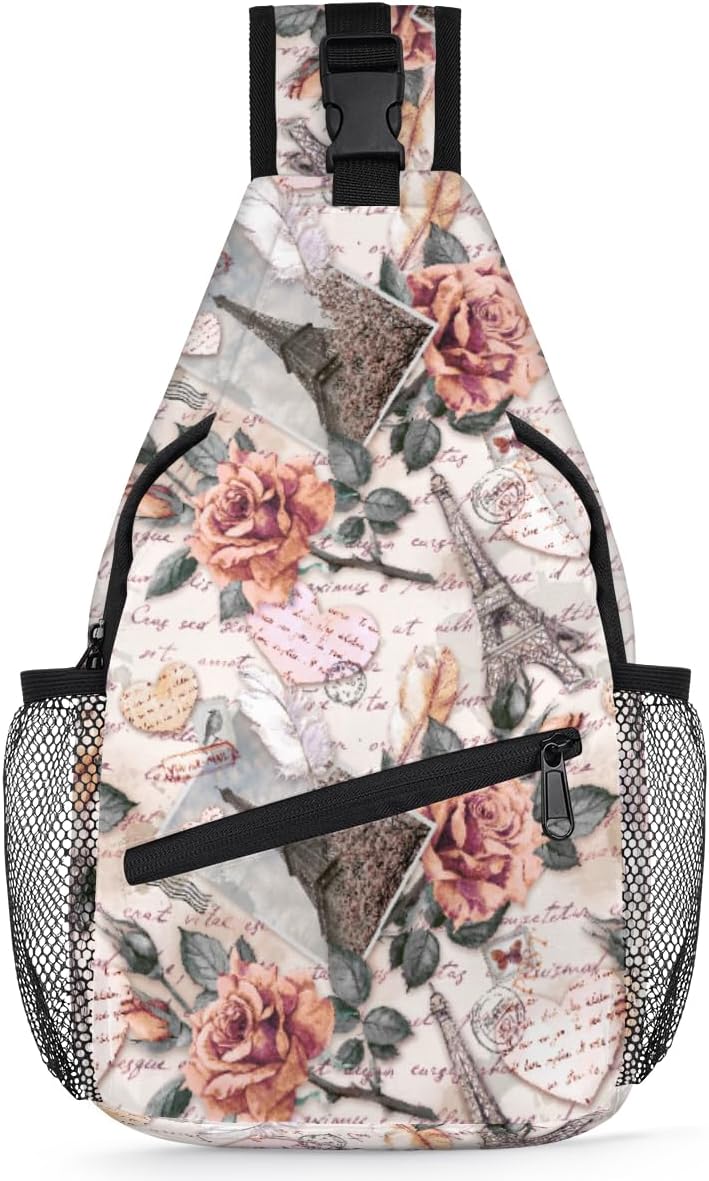 Rose Paris Tower Letter Sling Backpack for Women Men Waterproof Antitheft Chest Bag Lightweight Travel Crossbody Shoulder Bag for Shopping Outdoor Leisure Sports Mountaineering Riding