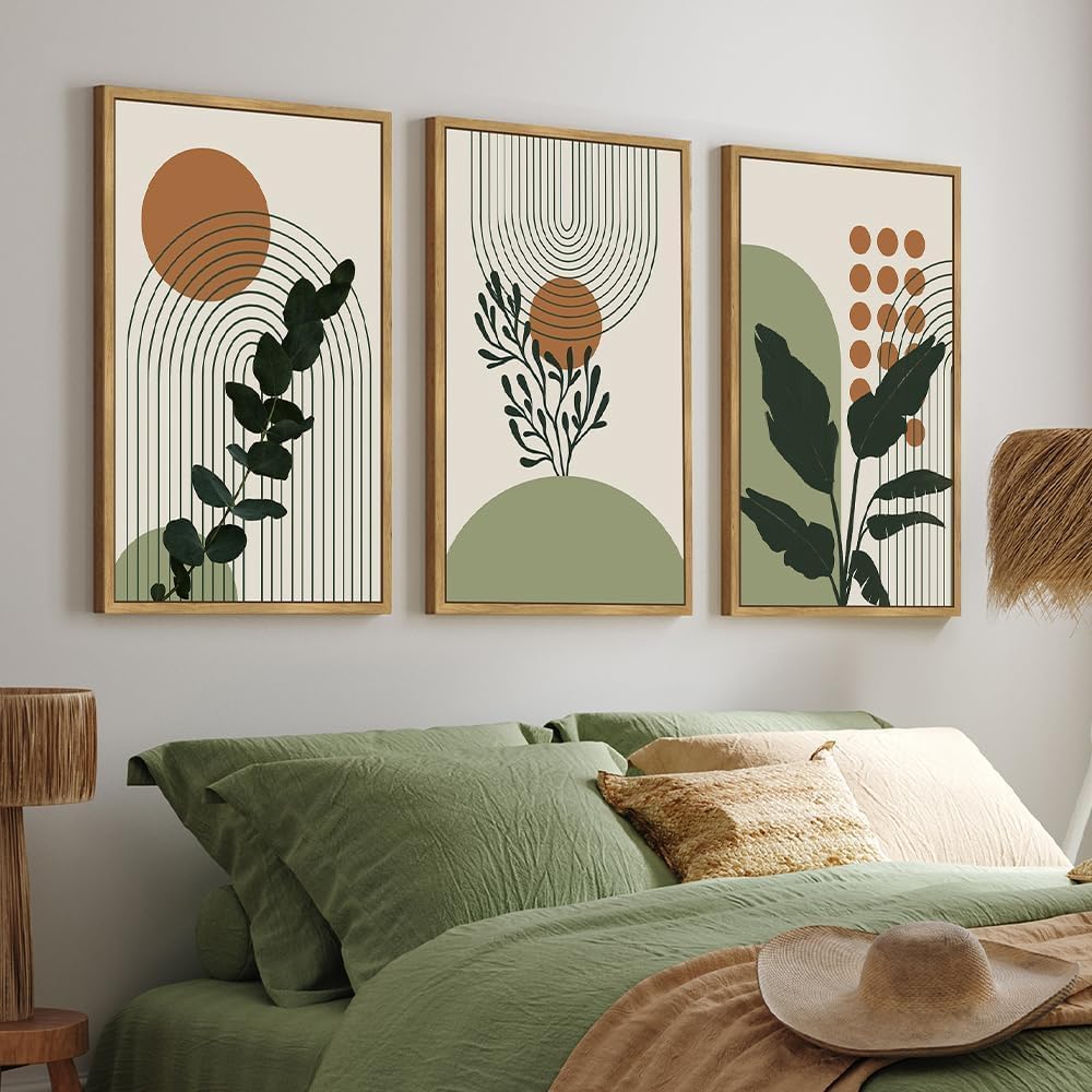 PHOPAGO Boho Plant Wall Art Green Botanical Bohemain Framed Wall Printing 24x36in Abstract Canvas Prints with Leaf & Sun Lines Bedroom Living Room
