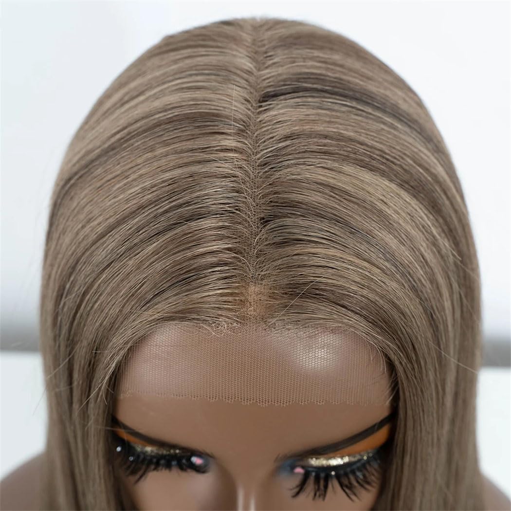 Women's 38 Inch Straight Synthetic Lace Front Wig Ombre Brown Red Blonde Highlights Lace Frontal Wigs For Cosplay