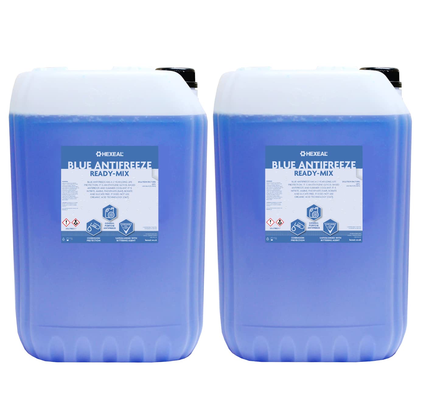 Hexeal Blue Antifreeze 50L – 2 X 25L Bottles Of Ready Mix Long Life Engine Coolant & Antifreeze For Cars & Vans – Summer & Winter – All Year Freeze Protection To -23 Degrees Celsius