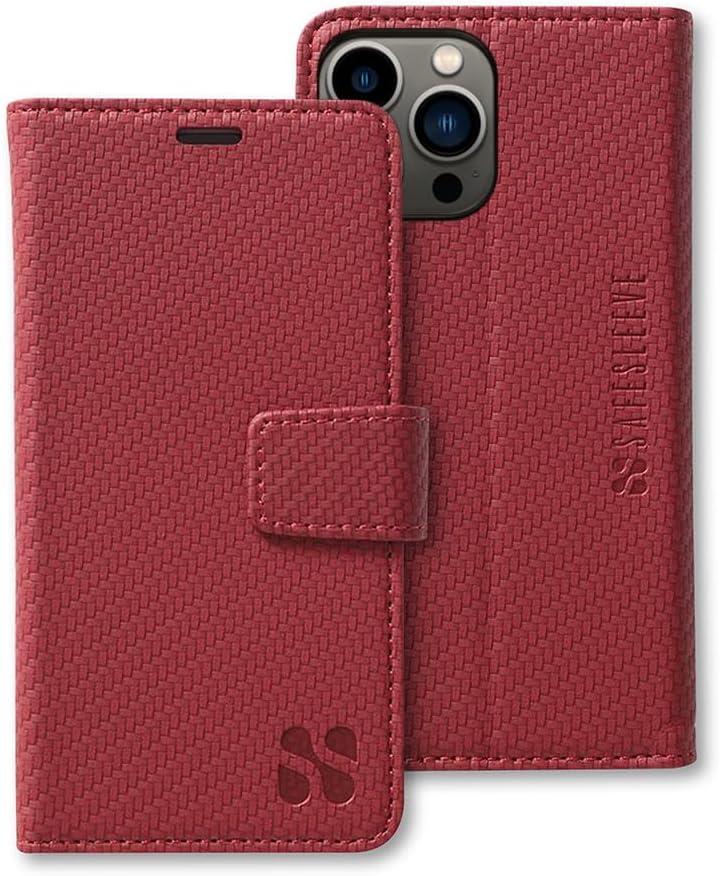 SafeSleeve Wallet Leather Case Detachable for iPhone 15 Pro EMF Blocker for Cell Phone with 3 Card Holder & Adjustable Stand – Magnetic Closure, and Magnetic Folio Protection for Daily Use (Red)