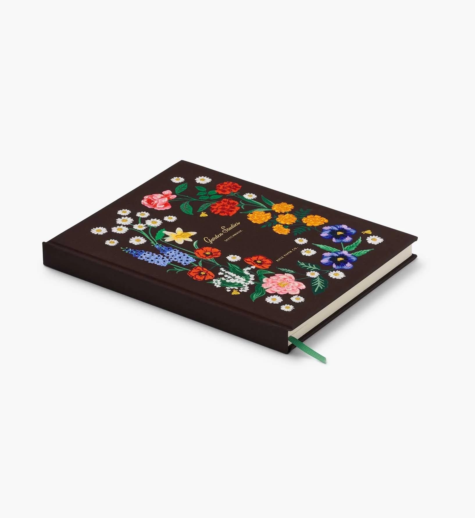 RIFLE PAPER CO. Garden Study Carnet de croquis brodé 108 pages vierges pour croquis, 26 cm de long x 21 cm de large, couverture en tissu avec broderie florale, avec ruban gros-grain marque-page