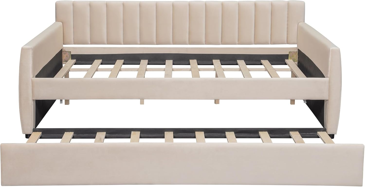 Full Size Upholstered Daybed with Trundle and Wood Slat Support, Velvet Fabric, Multi-Functional Storage, Beige, 82.10W x 56.10D x 31.50H in