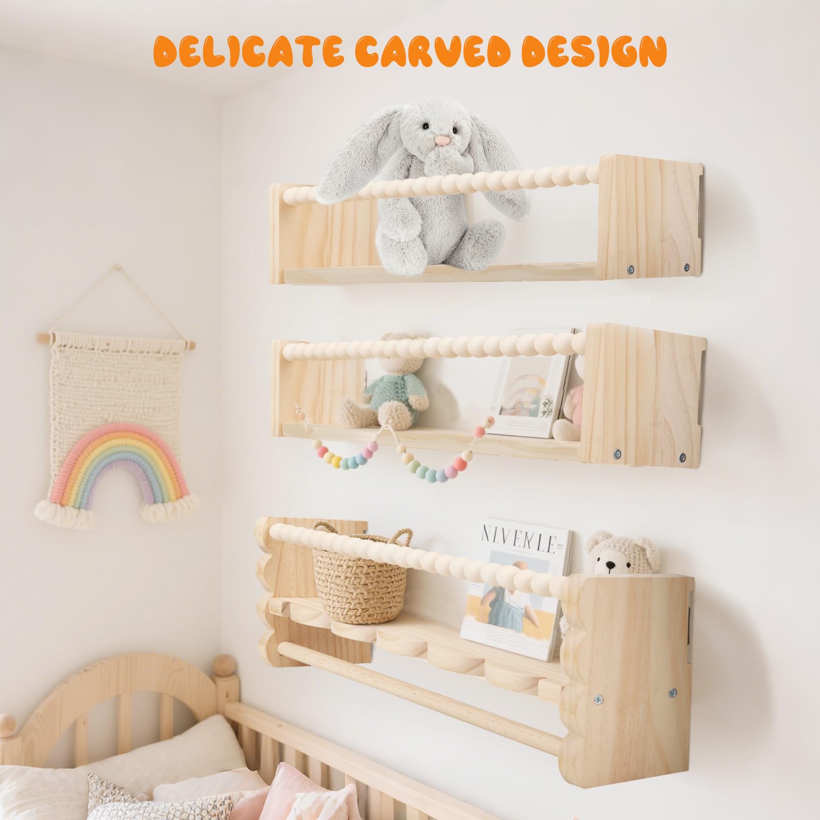 Lot de 3 étagères murales pour enfant - 40 cm - Avec présentoir suspendu pour photos, chambre d'enfant - En bois - Pour chambre de bébé, cuisine, épices