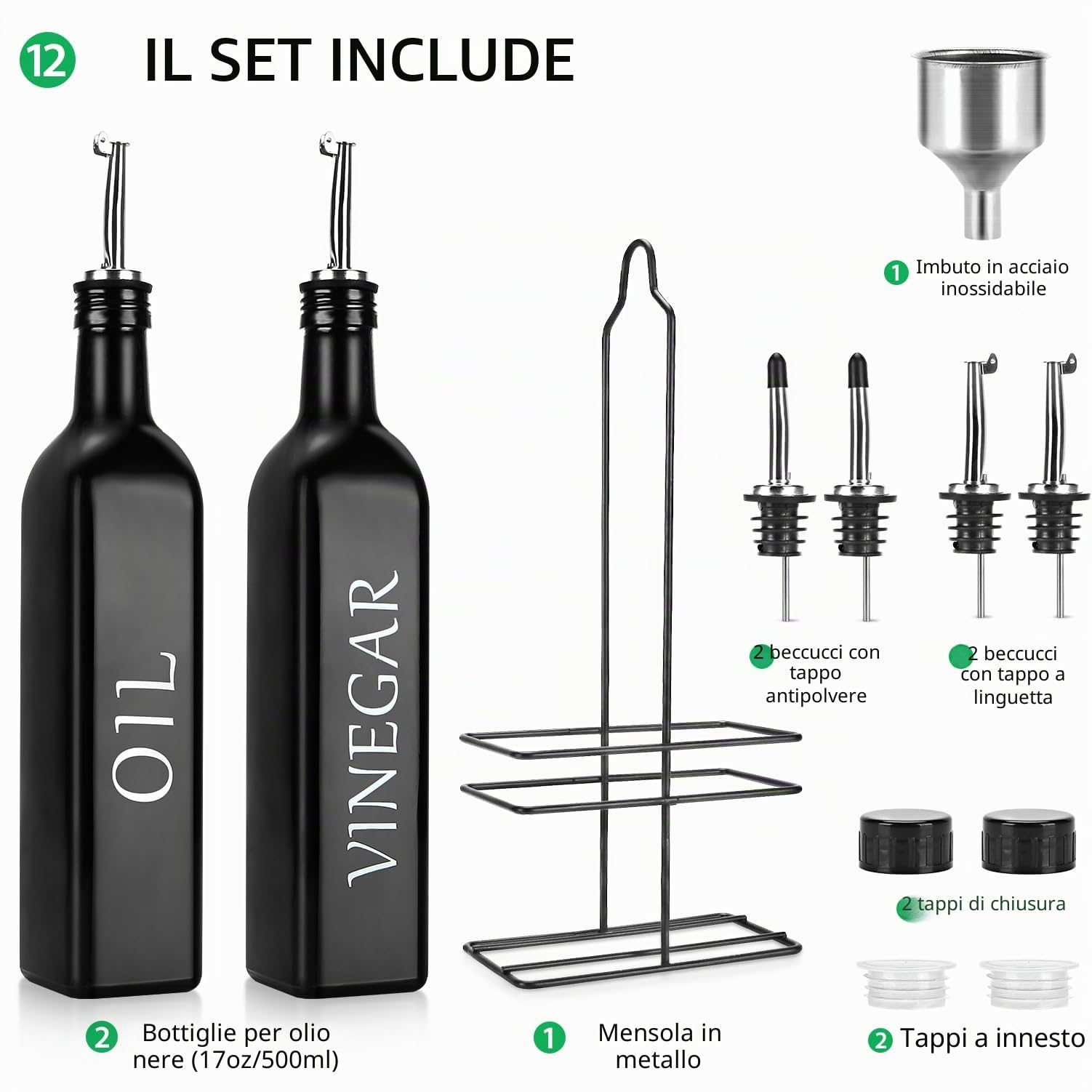 DaiRen Kitchen 500ML Set di Bottiglie per Olio e Aceto in Vetro, Dispenser per Olio d'Oliva con Supporto Caddy e Beccuccio in Acciaio Inox, Nero, Set di 2 Pezzi