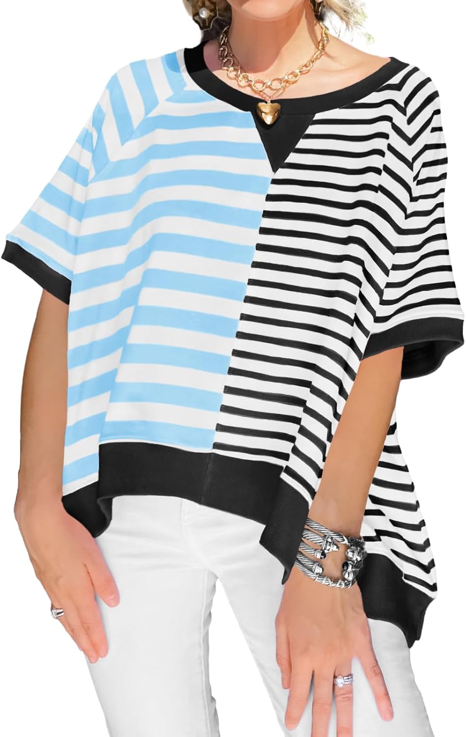Tankaneo Womens Oversized T Shirts Summer Short Sleeve Striped Color Block Loose Fit Tops 2025 Trendy Clothes