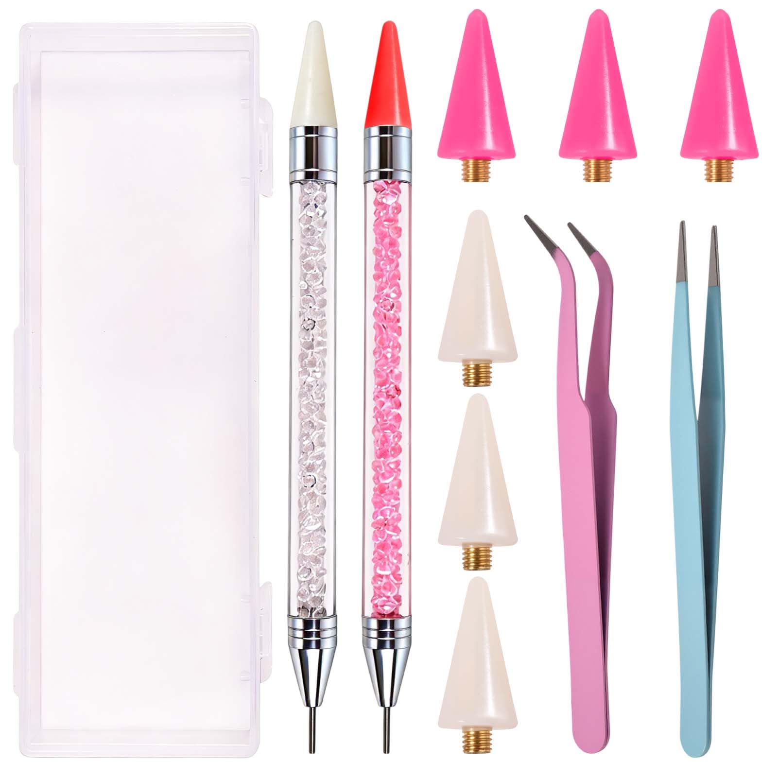 LEONTOOL 10 PCS Rhinestone Picker Tool, Dual-Head Gem Applicators, for Nail Design Diamond Painting, 6 Replacement Wax Tips, 1 Straight Tweezer And 1 Curved Tweezer, Plus A Storage Case
