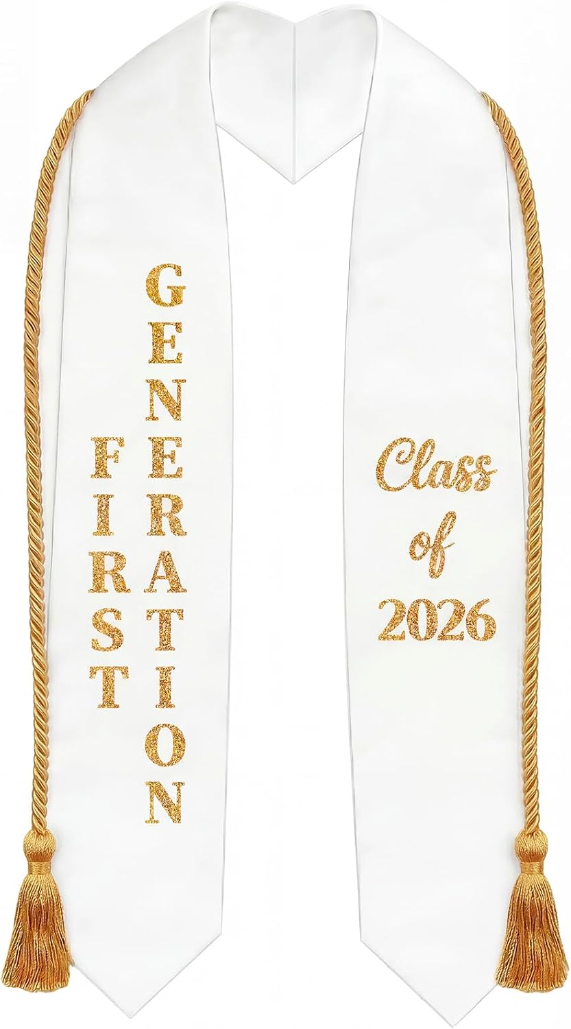 First Generation Graduation Stole Class of 2026 with Honor Cord – V Shape Glitter Stole for High College Graduate
