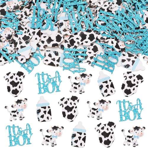 Sursurprise 200 Pieces Cow Baby Shower Confetti for Boy, Blue It's a Boy Cow Print Confetti Table Decorations, Farm Animals Theme Party Decor, Barnyard Baby Shower Supplies
