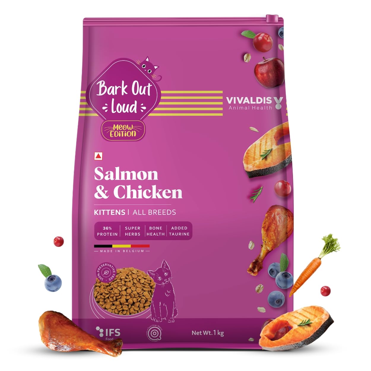 BARK OUT LOUD - Premium Kitten Dry Food | Fresh Salmon & Chicken | Hairball Control | Taurine |Omega Fatty Acids | Probiotivs-No Preservaties - Made in Belgium Kibbles for Kitten (1kg)