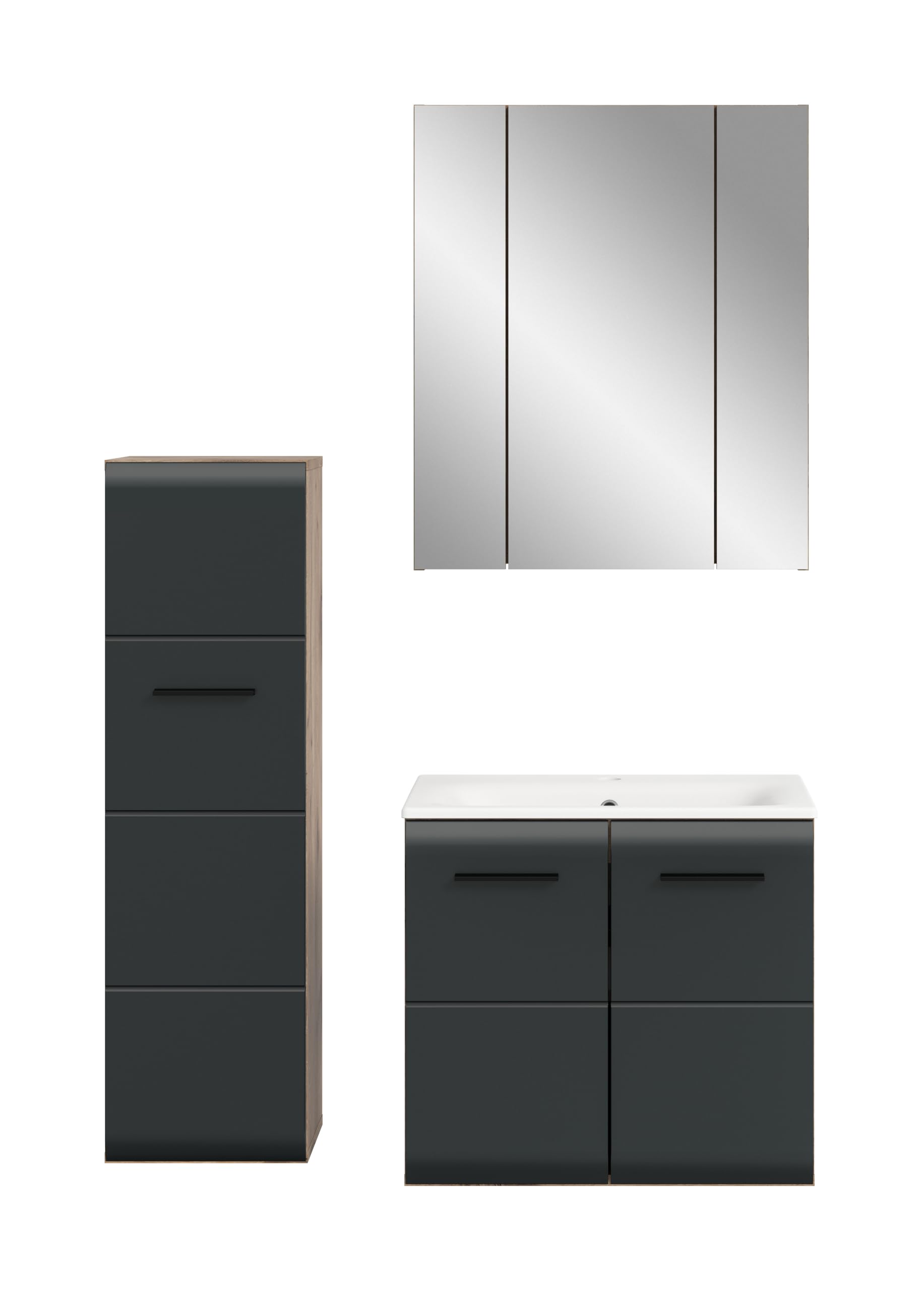xonox.home – 3 TLG. Badmöbel Kombination Ice 105x185x46 cm in Korpus Nox Oak Nachbildung und Front schwarz matt – Platzsparendes Badezimmermöbel-Set in modernem Hochglanz-Look – Bild 2