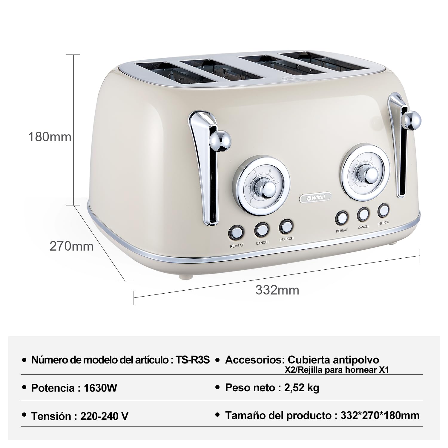 Wiltal Tostadora de 4 rebanadas, tostadora retro, carcasa de acero inoxidable, con accesorio integrado para panecillos, con tapa, grado de tostado 1-6, función de descongelación, bandeja recogemigas