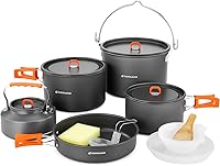 Vista 1 de Odoland Juego de 18 utensilios de cocina para acampar, olla colgante de gran tamaño, con platos de plástico, tazones, cuchara de sopa para camping