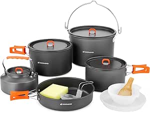 Odoland 16pcs Camping Cookware Mess Kit, Large Size Hanging Pot Pan Kettle with Base Cook Set for 4-6 People, Bowls Plates Spoons Kit for Outdoor Camping Hiking and Picnic