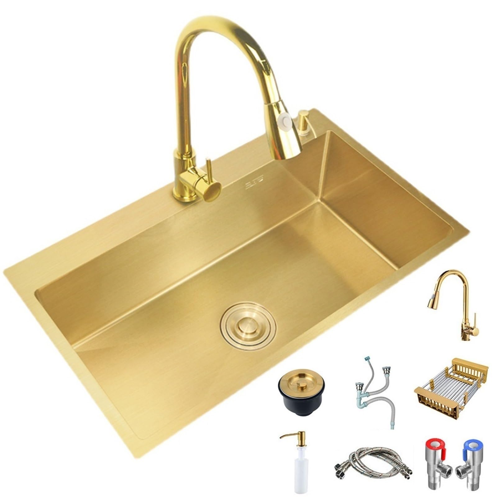 WIQUYBML Stainless Steel Gold Single Bowl Kitchen Sink with Faucet Downpipe Accessories – Top Or Undermount Installation for Bathroom Renovation(45 * 40cm)