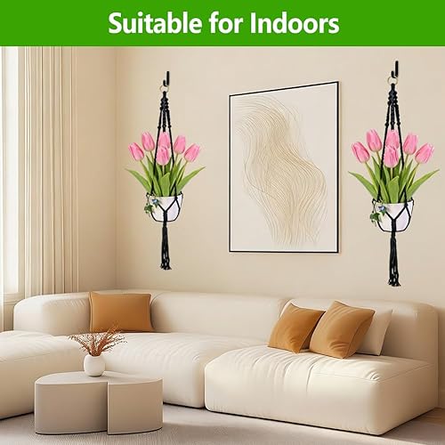Miniatura 9 de Paquete de 2 colgadores de macramé para plantas colgantes para interiores y exteriores, cesta colgante de cuerda hecha a mano, soporte para plantas