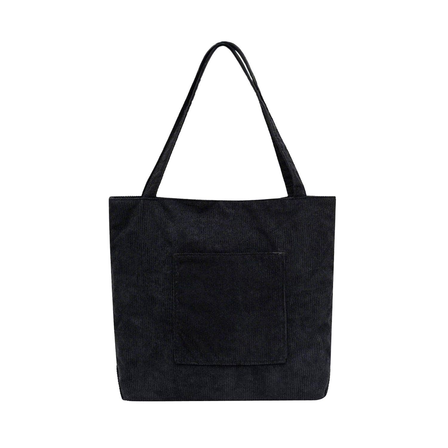Ubsiuh Unisex Black 1 Large-Capacity Tote Bag, Corduroy Shoulder Bag, Simple And Versatile Shoulder Bag, Casual Shopping Bag.