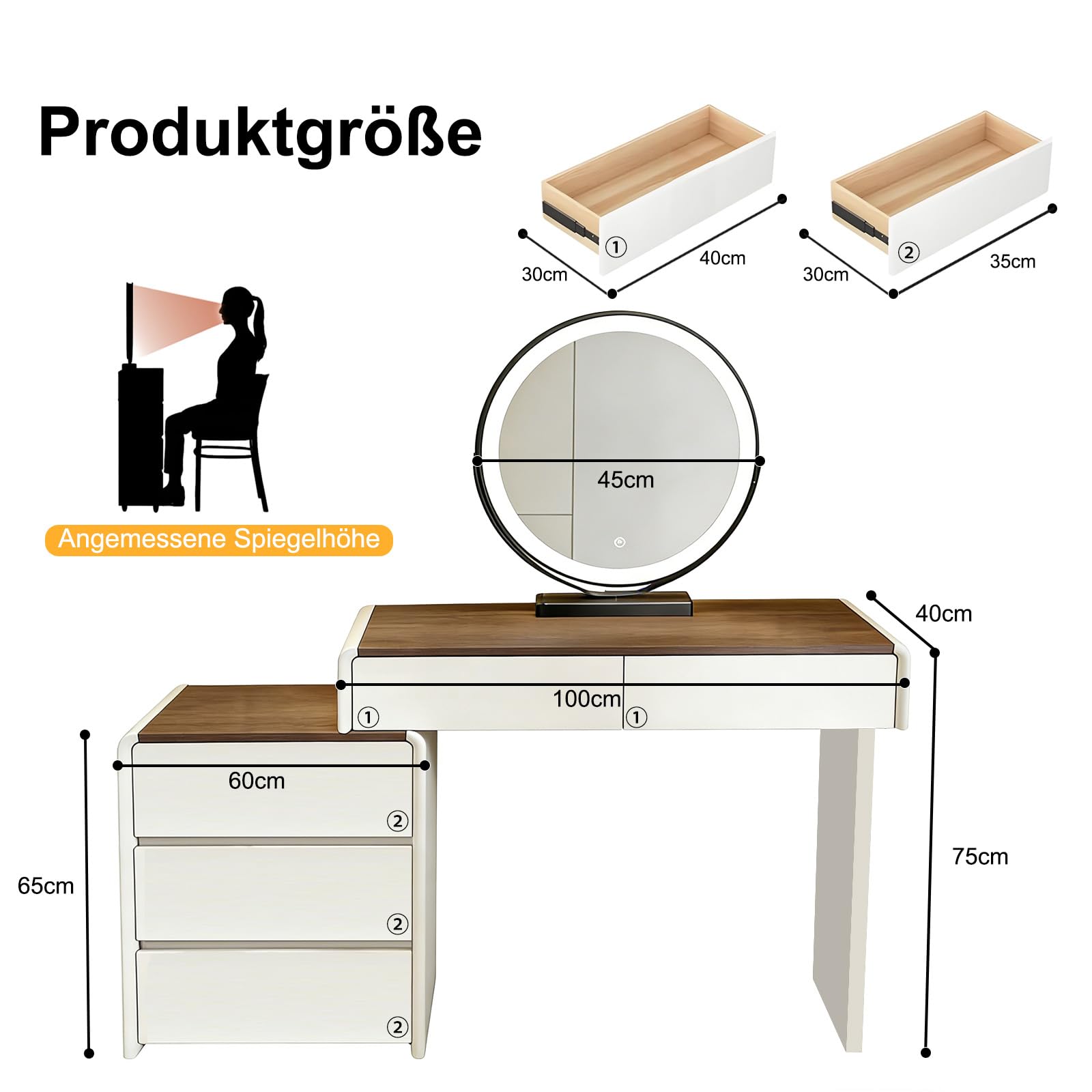 Schminktisch mit Holzmaserung, L-förmiger Frisiertisch mit Spiegel, Moderner Ecke Kosmetiktisch mit 5 Schubladen und Schrank, Einfach zu Montieren für Mädchen Schlafzimmer, 100cm