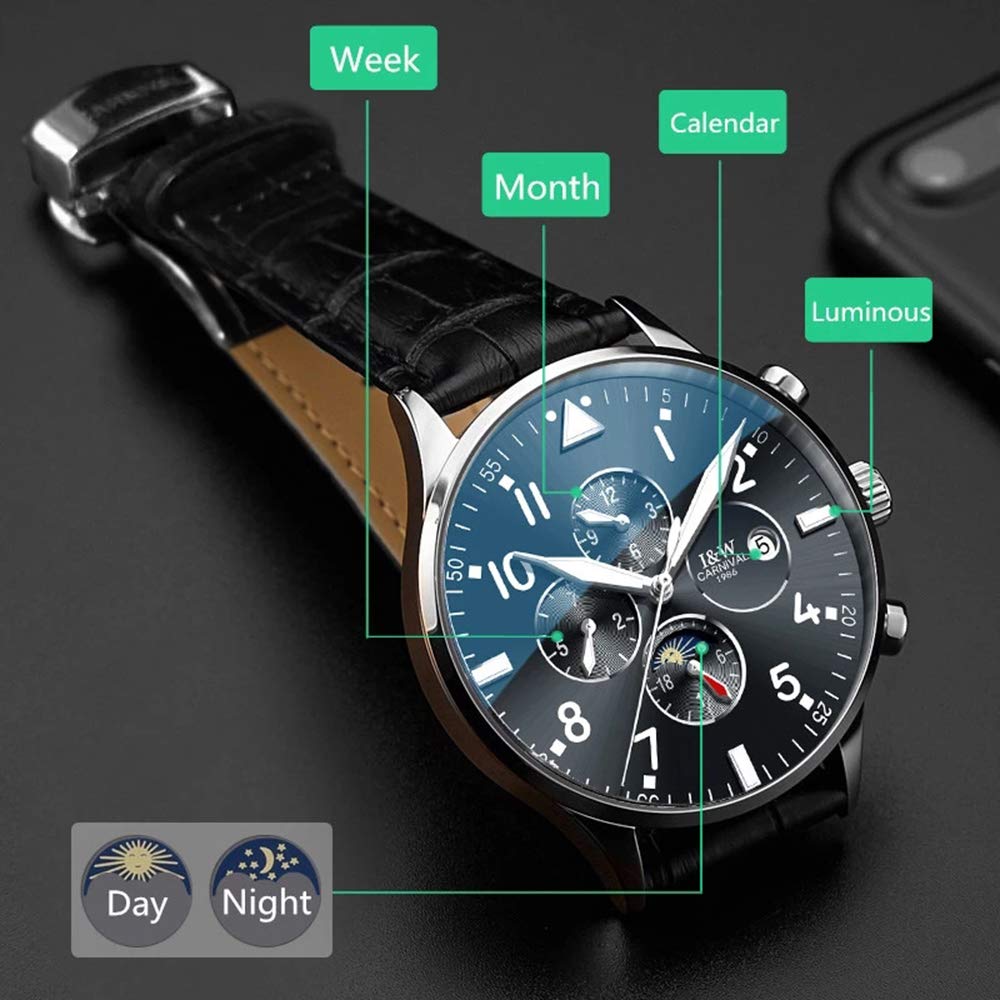 MASTOP Herren Komplikationen Analog Automatische Mechanische Uhr Leuchtender Kalender Echtes Lederband Business Edelstahl Kleid Armbanduhr Klassisch
