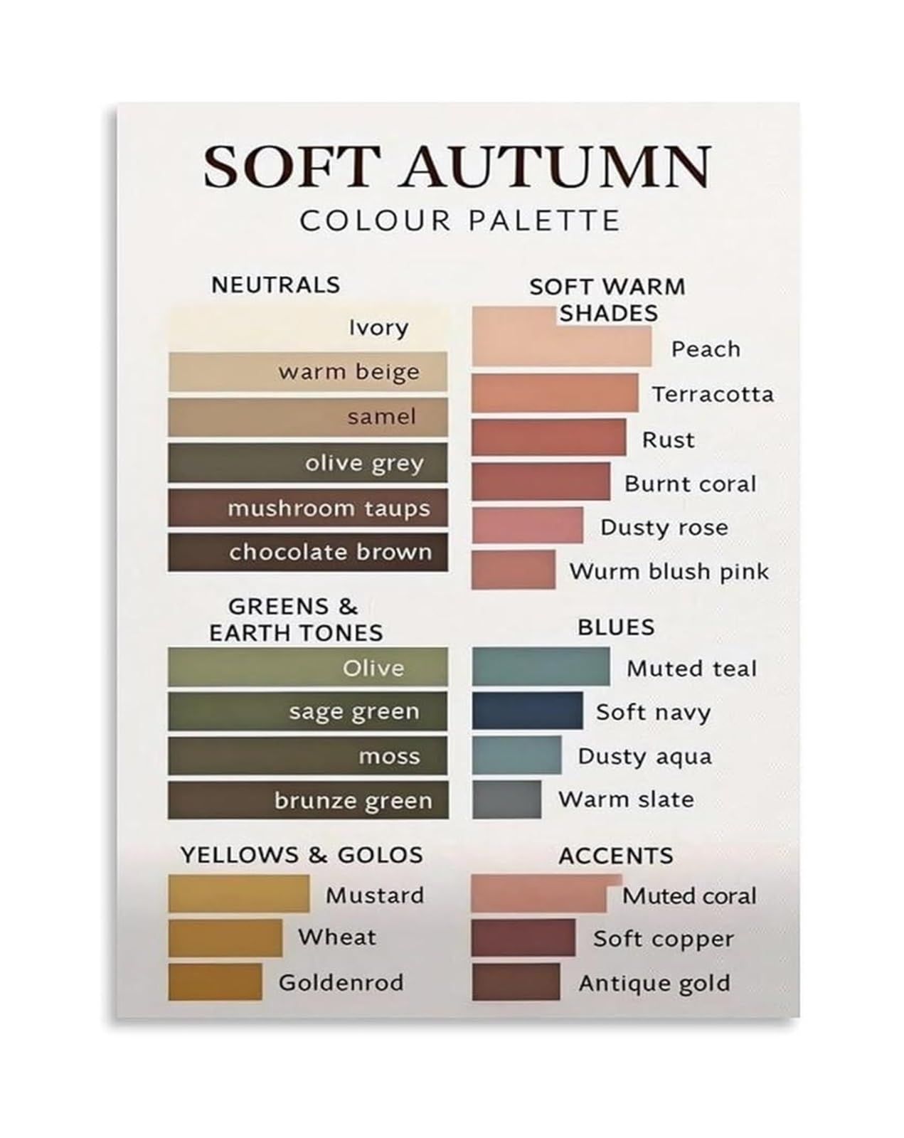 IDGTTLDF Fashion and Interior Design Color Guide Poster Earthy Warm Palette with Neutral Tones Essential Tool for Color Matching and Creative Projects Unframed,16x24inch(40x60cm)