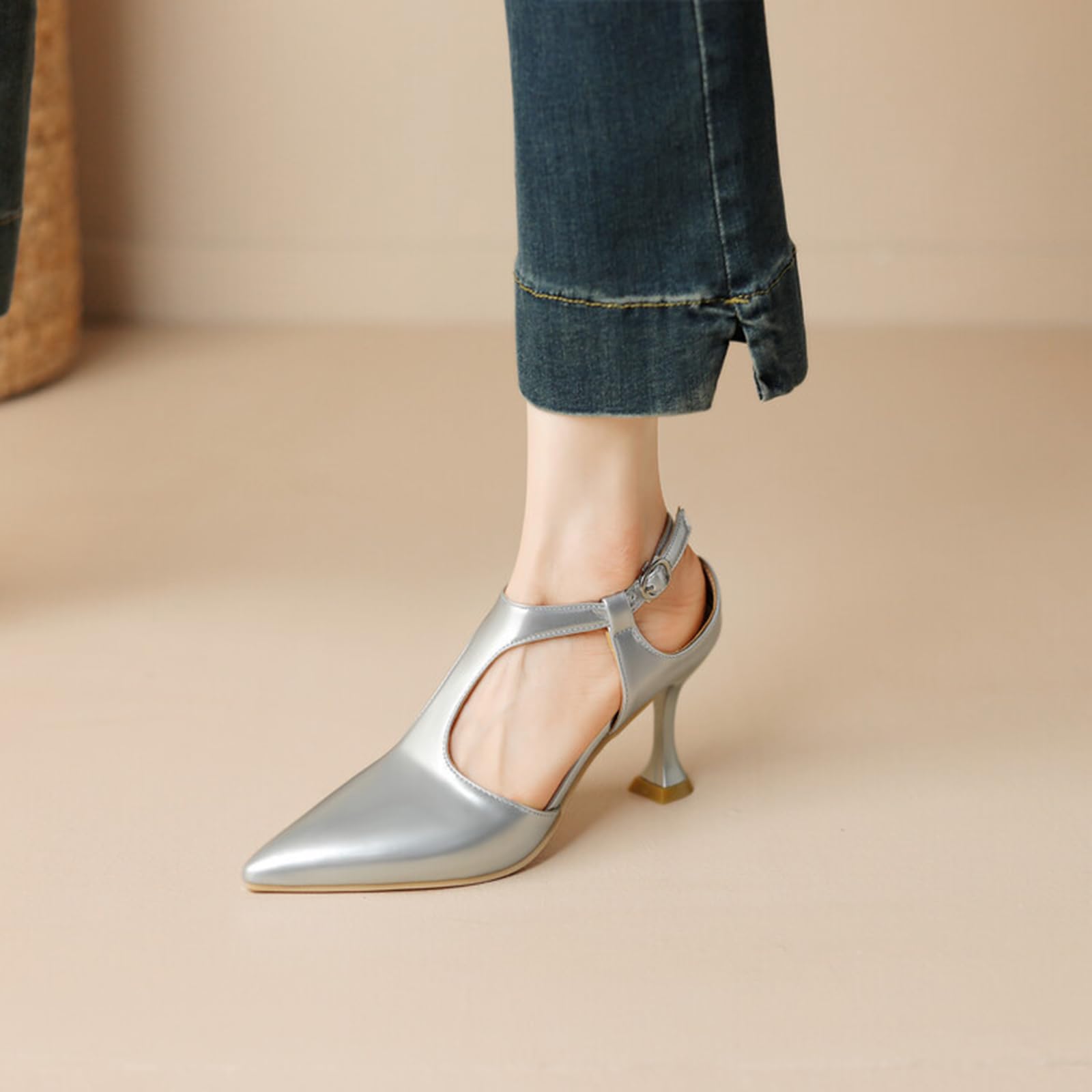 7CM Scarpe con Tacco a Kitten Slingback da Donna, Chiuse a Punta per Matrimoni, Feste e Abiti
