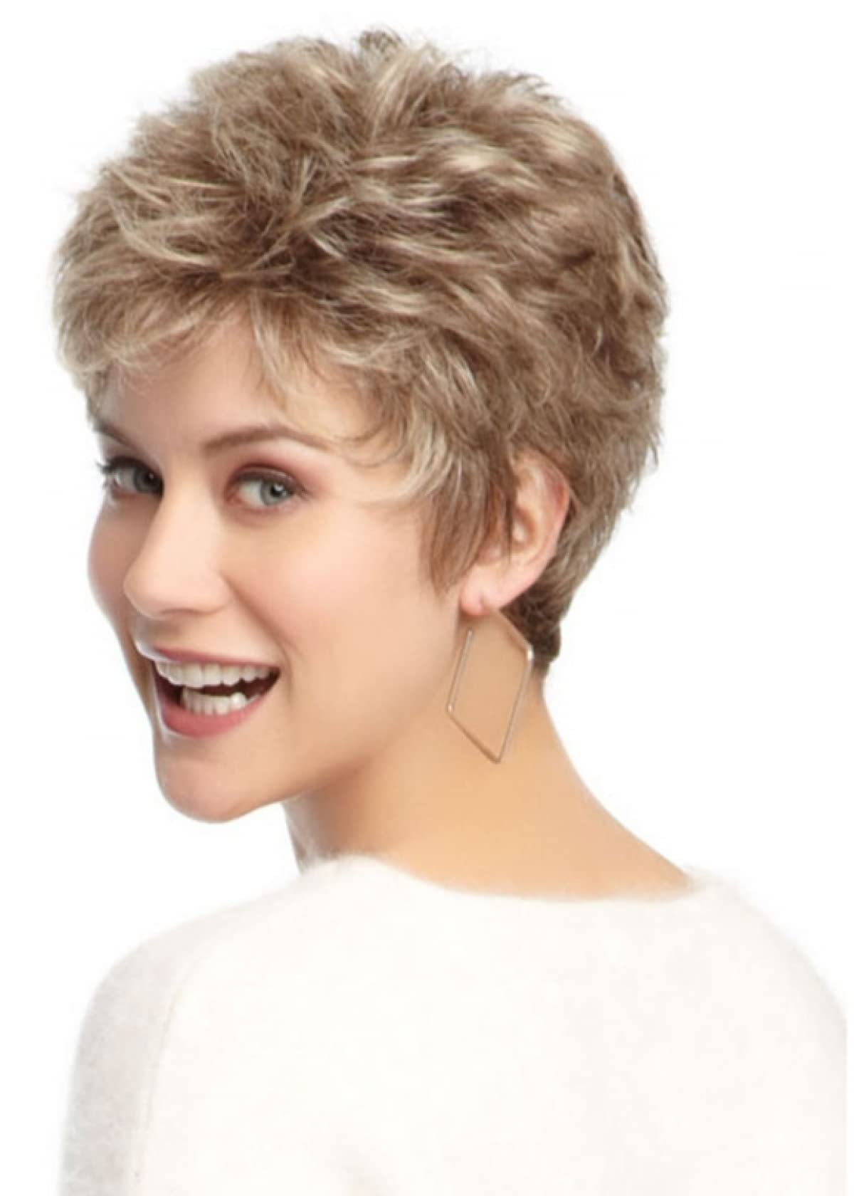 Pelucas de cabello dorado para mujer, pelo corto esponjoso, con flequillo oblicuo, rubio, rizado, peluca de cabello de aspecto natural para uso diario, adecuada para niñas de mediana edad y mujeres