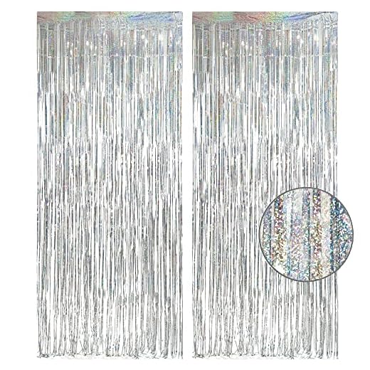 Silver Foil Fringe Tinsel Backdrop Glitter - GREATRIL Party Streamers Backdrop Curtains for Birthday/Christmas/New Year/Bachelorette Party/Disco Dancing Ball Decorations - Pack of 2
