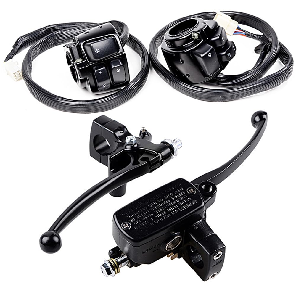 AutoXcessori kit Motorcycle Black 1" Handlebar Control Switches, Wiring Harness + Clutch Lever Hydraulic Brake Master Cylinder Replacement for 1996-