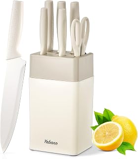 Yabano Messerblock Set, 7 teilig Messerset mit Messerblock und integriertem Messerschärfer,Küchenmesser Set mit Kunststoffblock (Weiß)
