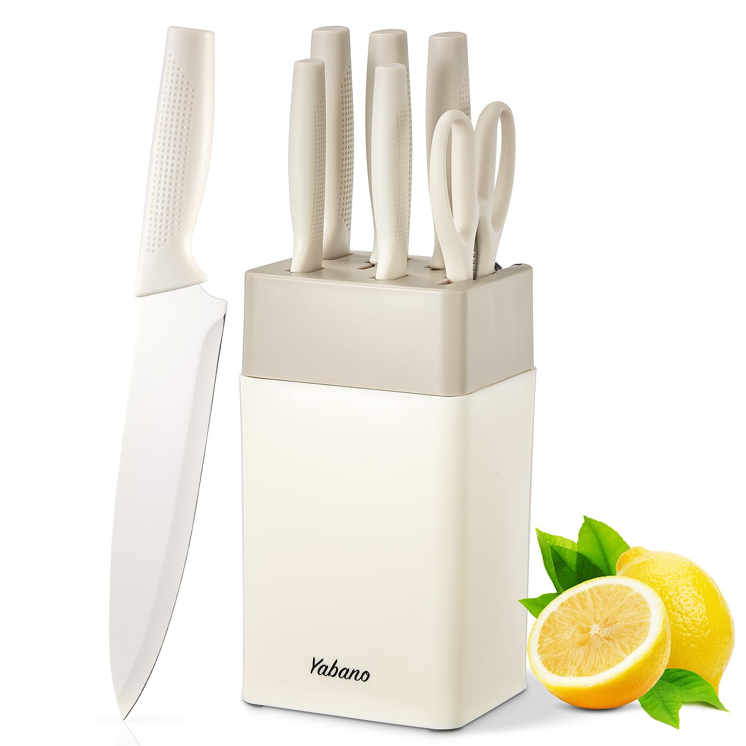 Knife Set, 7 Piece Kitchen Knives Set for Chef, Sharp Knife Set with Universal Plastic Knife Block, Anti-Rust Kitchen Knife Block Set with Built-in Sharpener, White