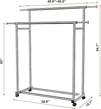 Clothes Rack for Hanging Clothes, Stainless Steels Coat Rack with Wheels, Clothing Rack, Garment Rack, Portable Closet, Portable Closet, Adjustable Length