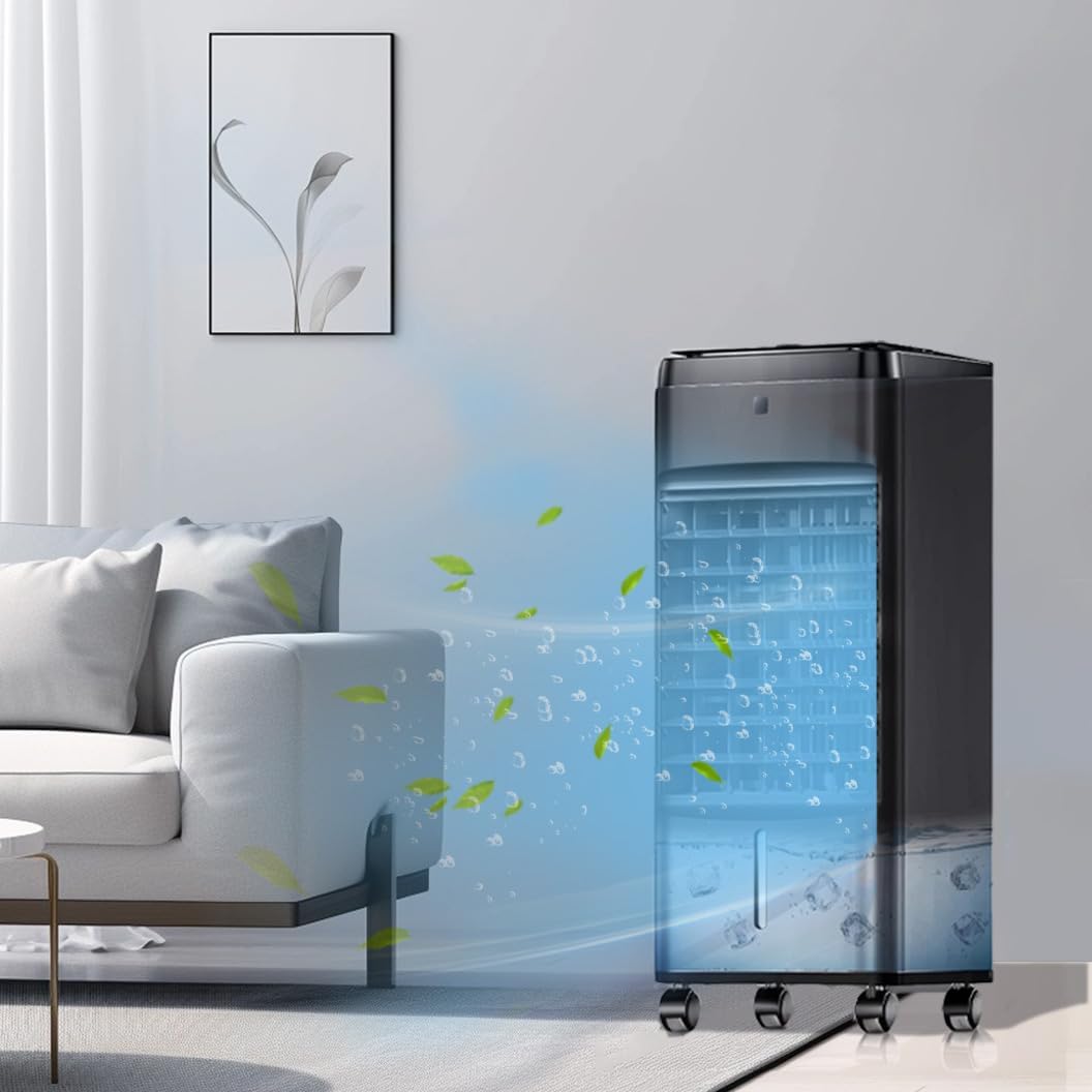 NOMEY 3-IN-1 Portable Air Conditioners 4 Modes & 3 Speeds, Waterless Alert System, 12H Timer, 1 Gal Detachable Water Tank, 4 Ice Packs, Remote, 70° Oscillation Windowless Evaporative Air Cooler