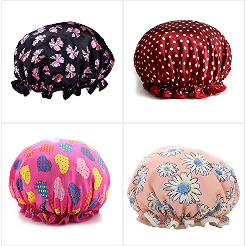 Shower Caps, La Desire 4 PACK Waterproof Bath Cap Double Layer Satin Lined Elastic Reusable Designed Shower Hat for Women Hair Salon, Spa,Home Use,Hotel (B)