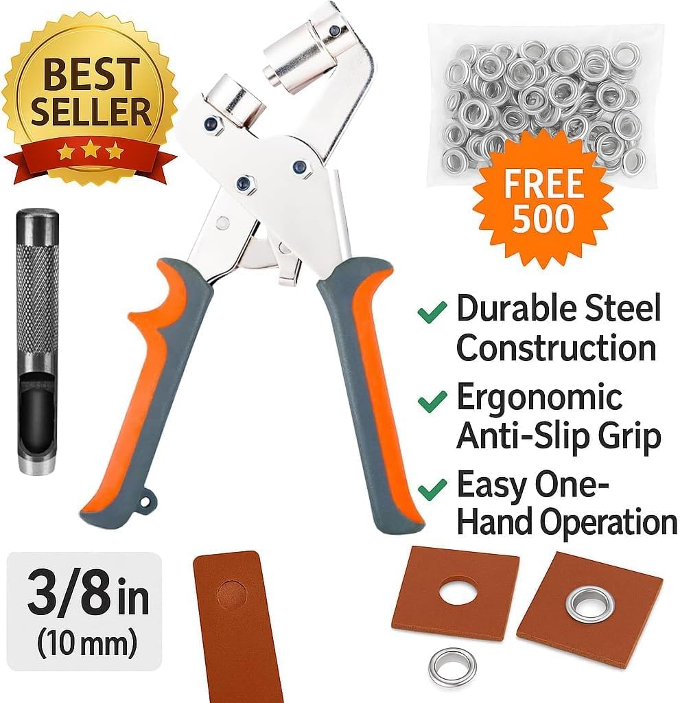 Heavy Duty Handheld Grommet Tool Kit – 3/8" (10mm) & 1/4" (6mm) Grommet Pliers with 500 Eyelets – Portable Eyelet Punch Machine for Tarps, Banners, Canvas, Leather & DIY-Orange+Black+10MM