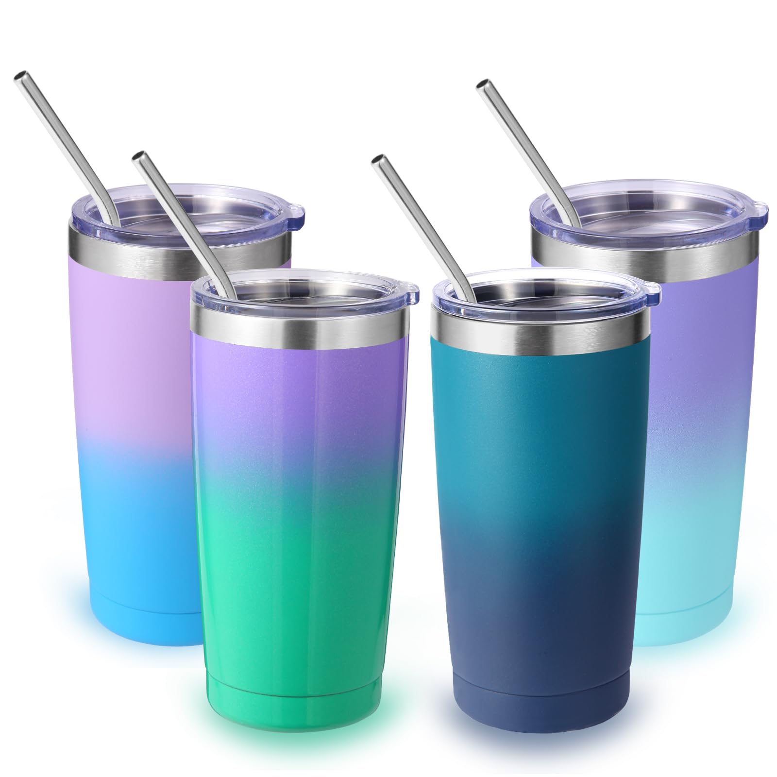 Volhoply 20oz Stainless Steel Tumbler with Lid and Straw Bulk 4 Pack,Double Wall Insulated Travel Iced Coffee Mug Fits Cup holder,Powder Coated Cups