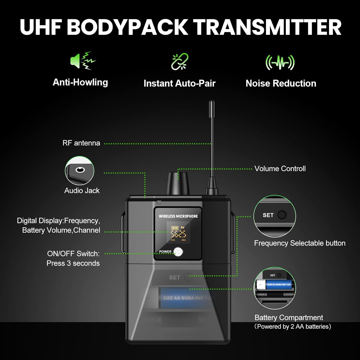 4 Channel UHF Wireless Mic Set with Handheld/Bodypack/Headset/Lapel Mics with Bluetooth Receiver Box + Volume Control Echo for Karaoke PA DJ Party (Wireless Microphone System) - Image 8