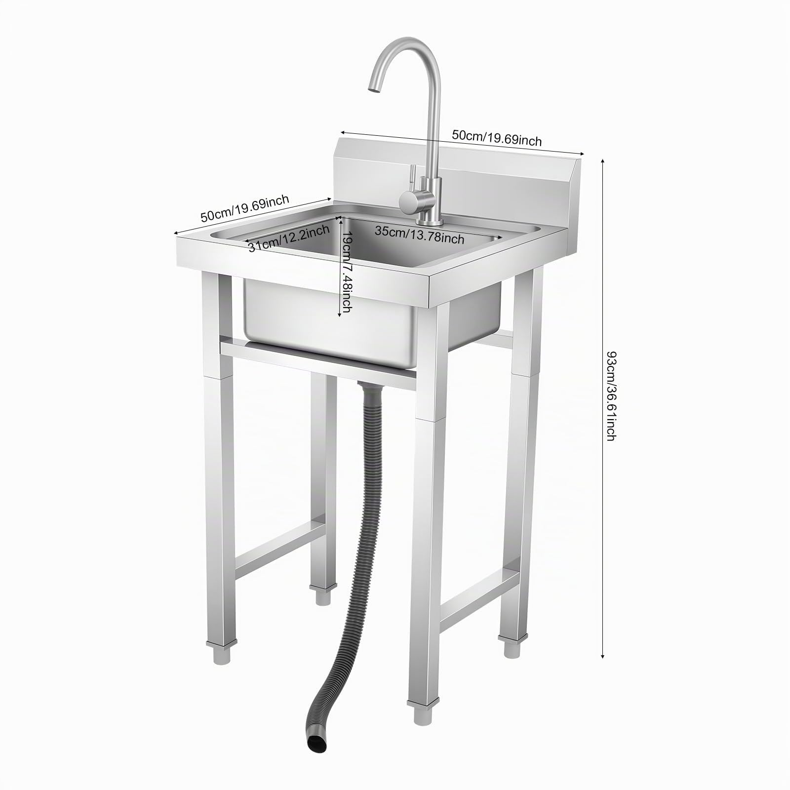 Edelstahl Küchenspüle, 50x50x93cm Profi Spültisch Gewerbliche Freistehend Spüle Multifunktionswaschtisch Singleküche Mobile Deluxe Spültisch Camping Waschbecken für Küche Wäsche Garage Garten Bar