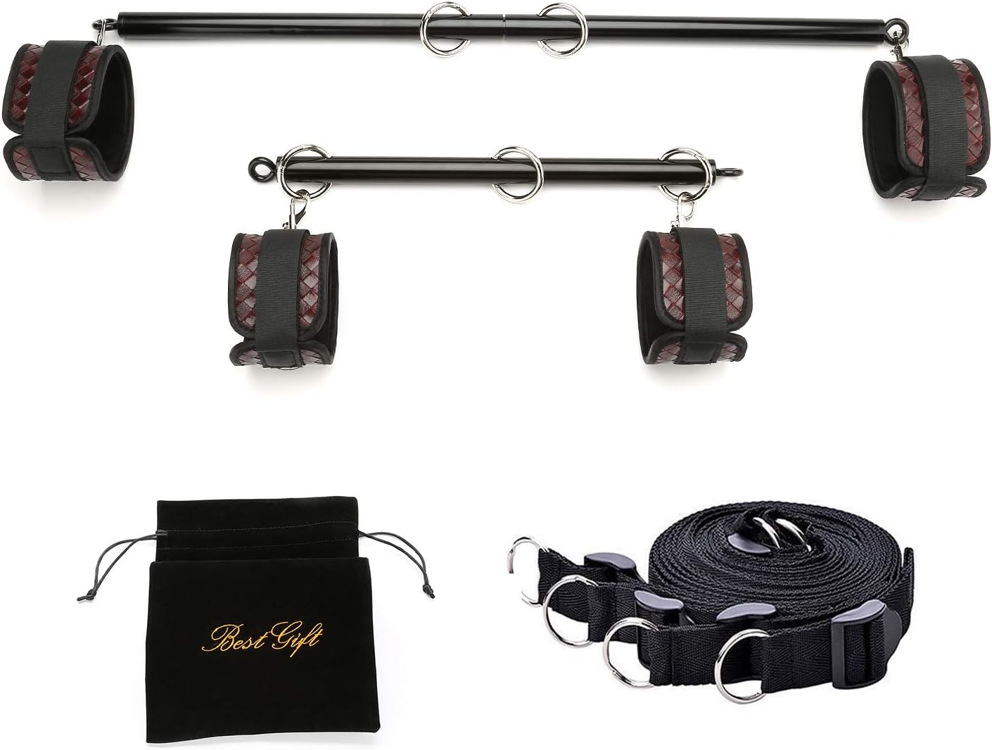 EXREIZST Expandable 2 Spreader Bar with 4 Fur Leather Straps with Nylon Belts Adjustable Home Gyms Indoor Sports Fitness Training Tool Set Kit, Black and Brown