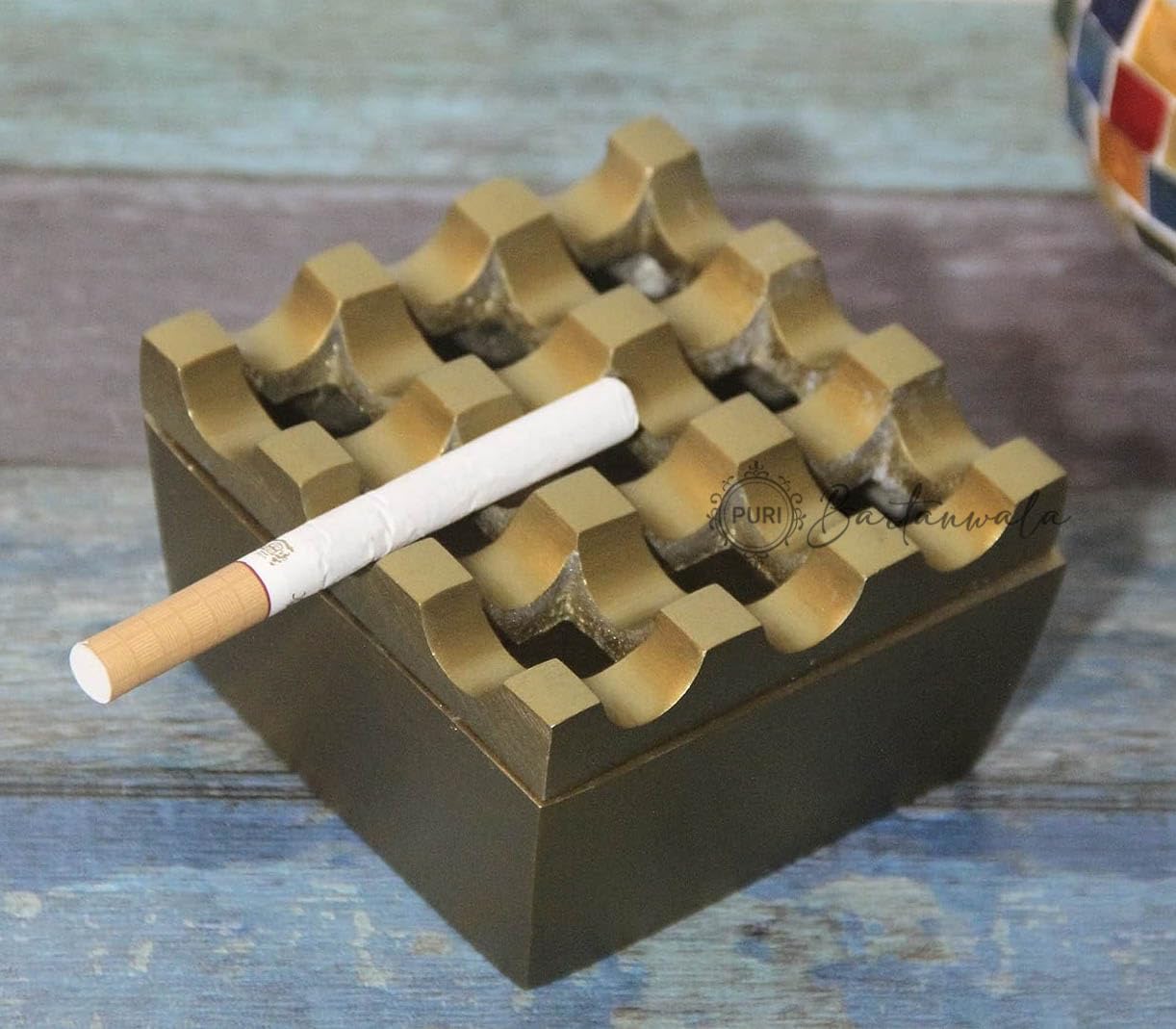 PURI - Aluminium Cigar/Cigarette Ashtray,9 GRIDS/Holes, Windproof Tabletop, Brass Antique Finish - Hand Crafted in India-image-16