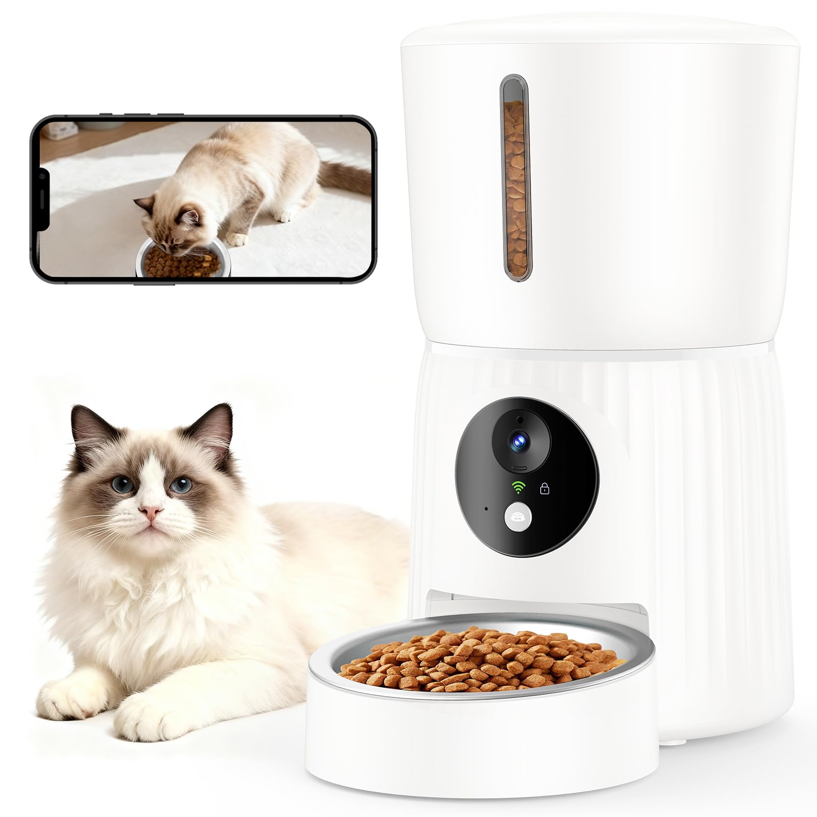 Faroro Distributore Automatico Cibo Gatti con Telecamera, Video HD 1080P, Visione Notturna, Audio Bidirezionale, Dispenser 4L, Sensore Anti-Blocco, APP, Wi-Fi 5GHz (Bianco)