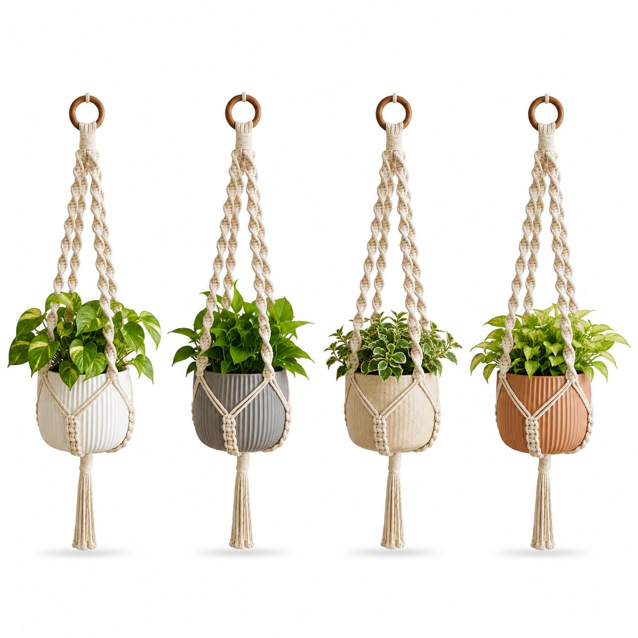 Handmade Macrame Plant Hanger Set of 4 | Premium Cotton Rope Hanging Planter Holder with Wooden Ring | Indoor & Outdoor Boho Plant Holder for Living Room, Balcony, Garden, Home Decor (25 Inch, Cream)-image-28