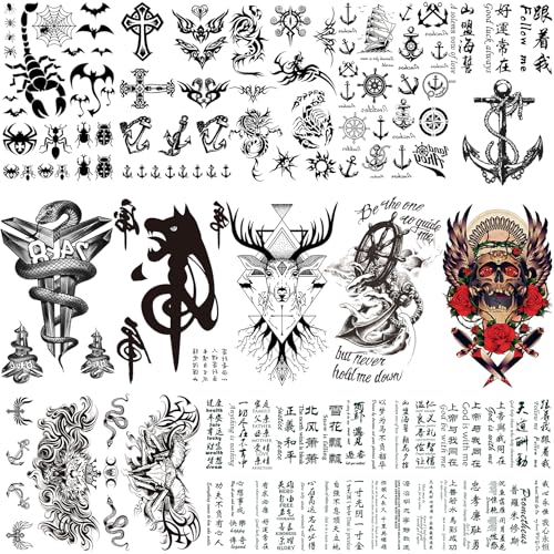Halloween Black Realistic Temporary Tattoos for Men Women, Waterproof Half Sleeve Fake Tattoos Boys Girls, Flower Skull Cross Scorpion Wolf Snake Spider Letter Tattoo Kits Parties Festivals Cosplay