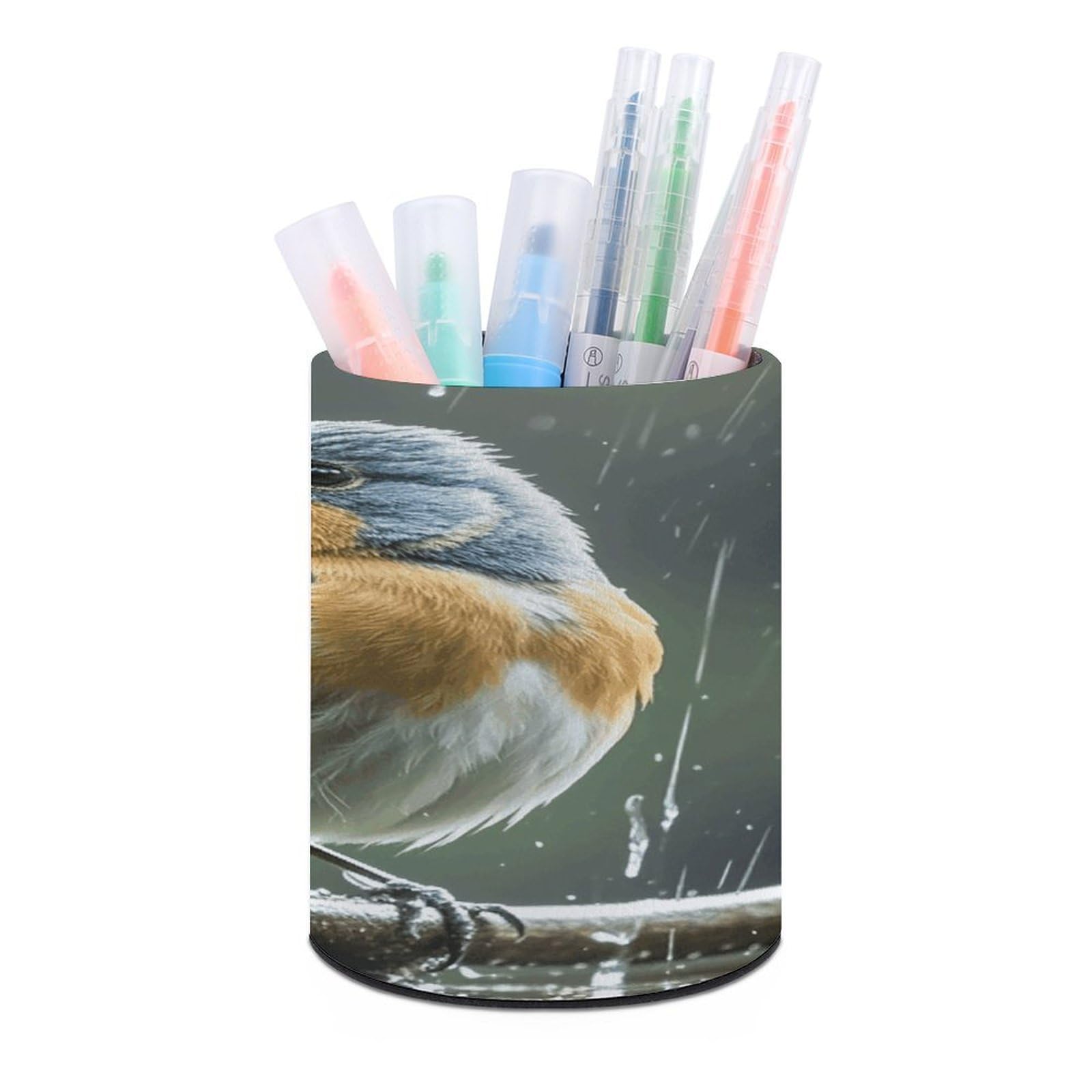 VstaDank - Rainy Day Bird Round Pen Holder Pencil Holder PU Leather Desk Organizer Stand for Desk Desk Office Decor