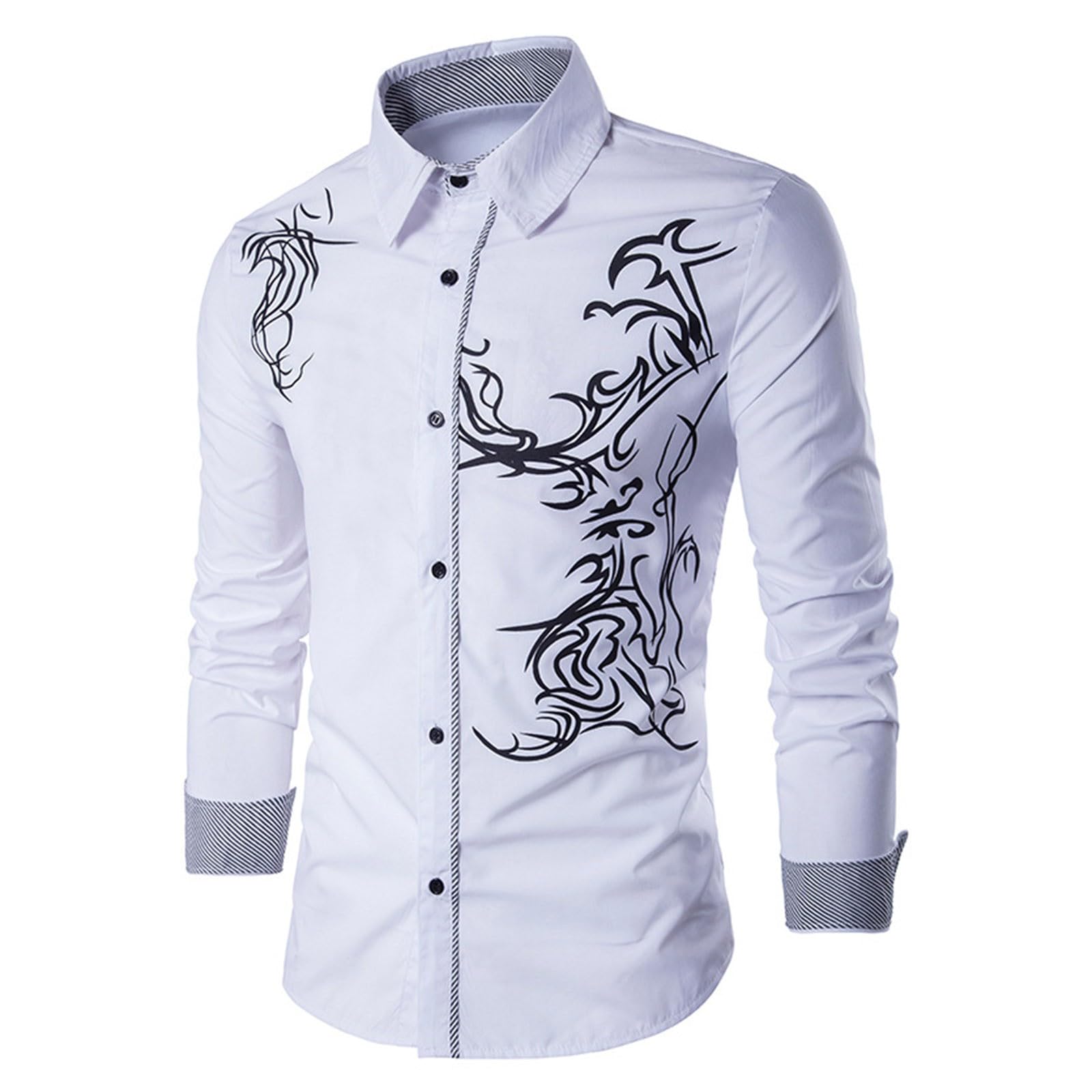 Générique Chemise Noir Homme - Chemise Slim Fit à Manches Longues Et Imprimé Dragon Pour Hommes Printemps Et Automne T-Shirt Homme Blanc