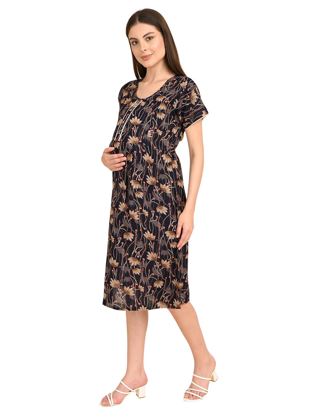 Women Maternity 3/4th Gown with Concealed Nursing Zip, Printed Feeding Nighty, Round Neck, Short Sleeves, Knee Length Dress for Pregnancy and Post Pregnancy-image-15