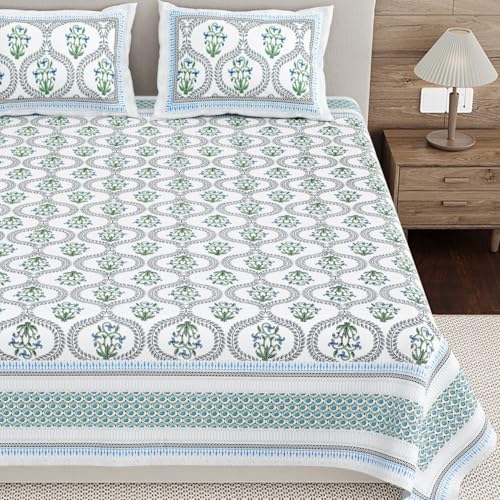 Image of Living Roots Ethnic Jaipur Block Print Double Cotton Bedsheet & 2 Pillow Covers, for Mattress Upto 6 inches Thick, No Colour Bleeding, Blue Colour, King Size 90 * 108 inches, 120TC (604-A)