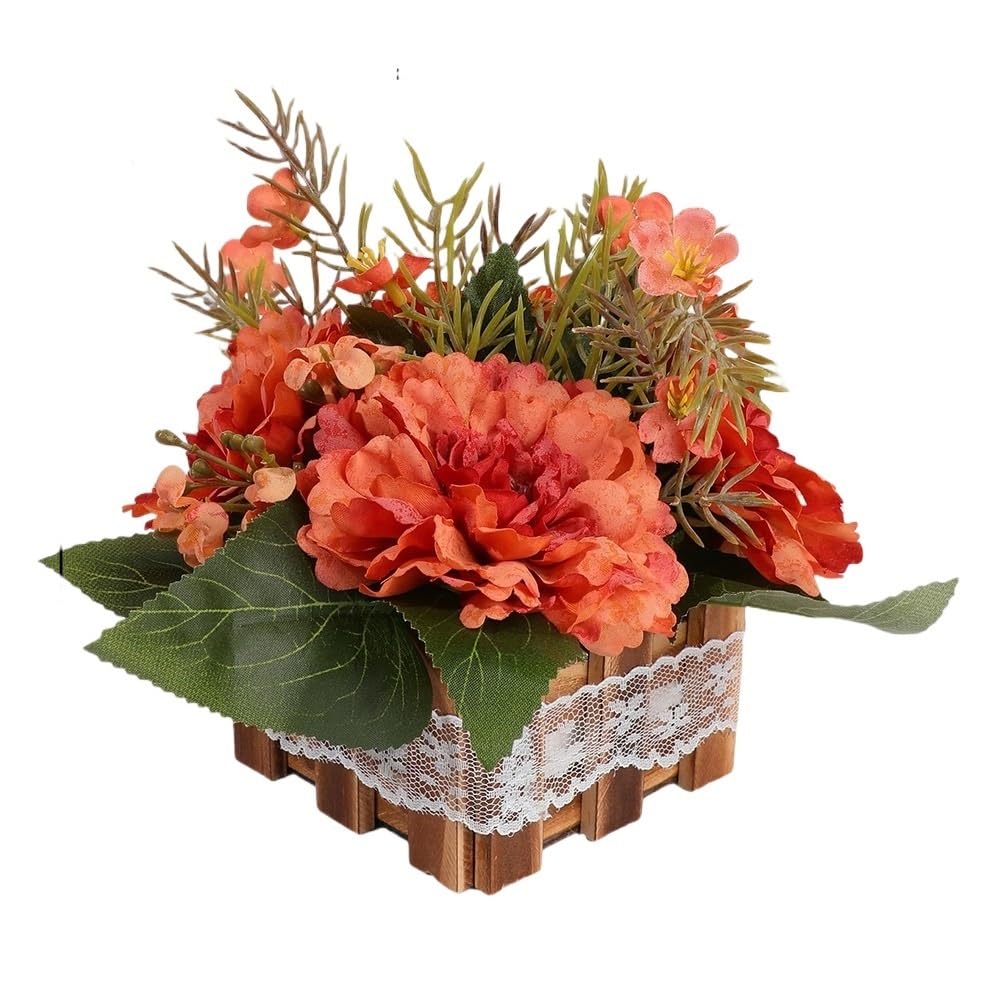 Huffa Orange Simulated Peony Flower Pots For Home Decoration | Decorative Silk Flower Ornaments With Wooden Fences(Orange)