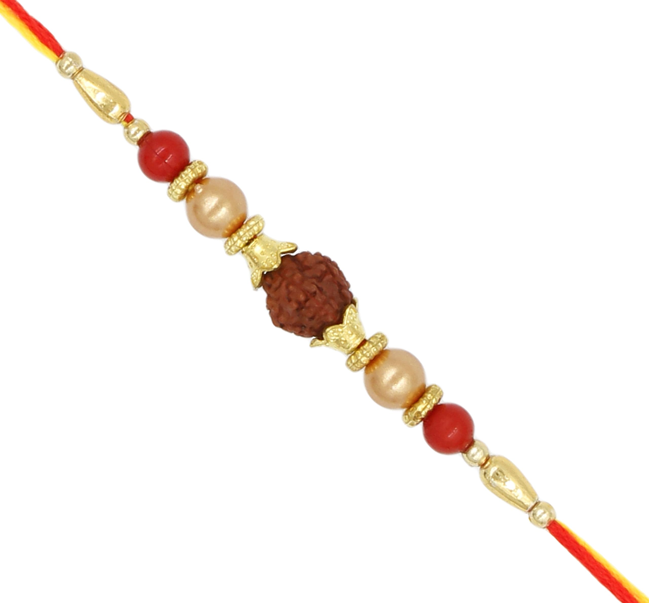 Traditional Rudraksh Rakhi for Little Brother Multicolor Beautiful & Fancy Designer Thread Raksha Bandhan Rakhi for Loving Brother Bhai RURAKH0028, Metal, no gemstone